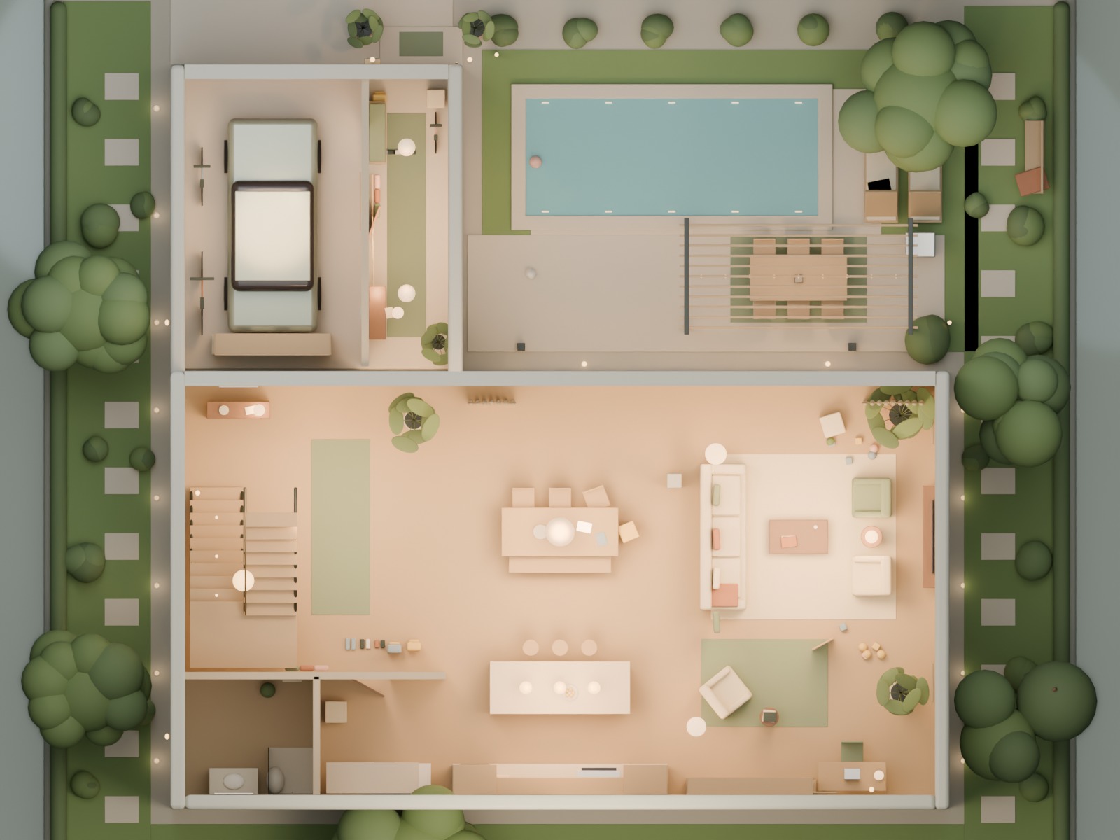 Top-down plan of the ground floor at dusk